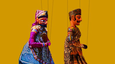 Puppet show: two characters walking against a yellow background - page thumbnail