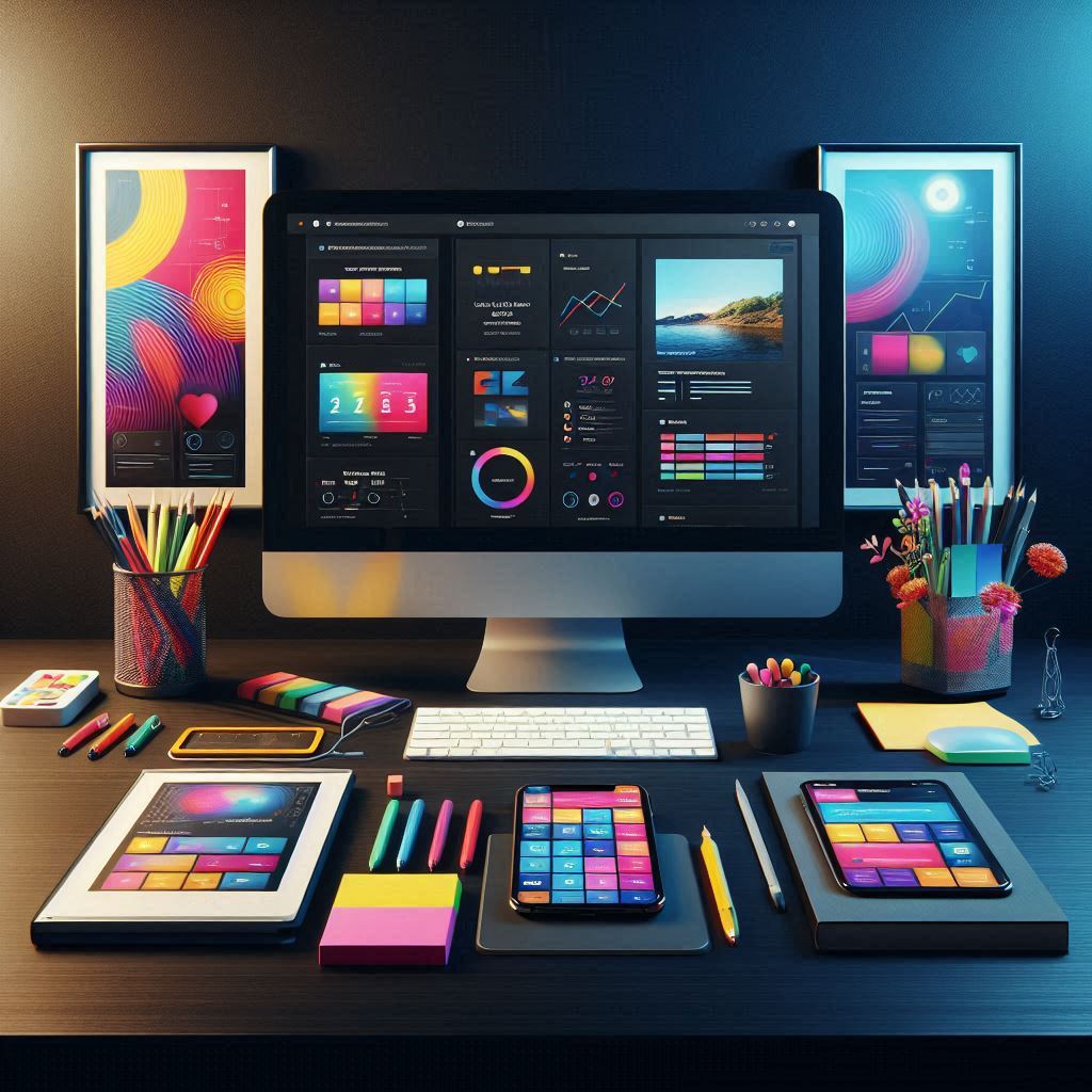 A high-resolution, realistic and colorful image of a designer's clean desk setup.